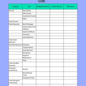 May include: A teal and purple monthly budget planner with the text "Monthly Budget Planner for UIS." The planner includes sections for income, fixed expenses, variable expenses, savings, and investments, with columns for budgeted and actual amounts.