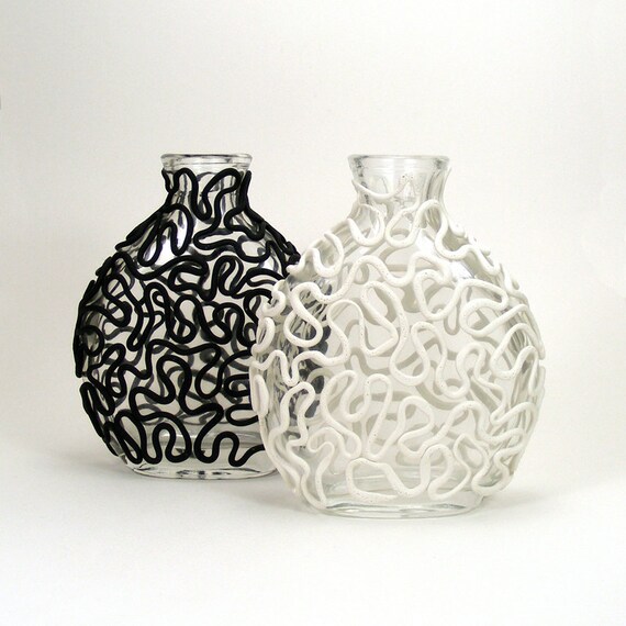 Black White Clay Lace Set Of 2 Glass Vases Entwine Etsy