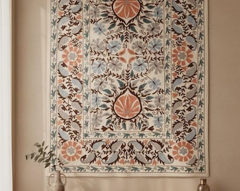Hand Embroidered Suzani Tapestry, mulit color Floral Uzbek Wall Hanging, Bedspread Boho Decor