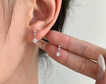 S925 Solid  Silver Dangle Earrings, Stackable CZ Drop Studs, Waterproof Earrings，Minimalist Bridal Jewelry|Wedding Bridesmaid Gift