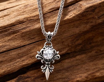 Collar gótico con flor de lis, colgante de circonita blanca de acero inoxidable, collar llamativo de estilo punk rock para hombre.