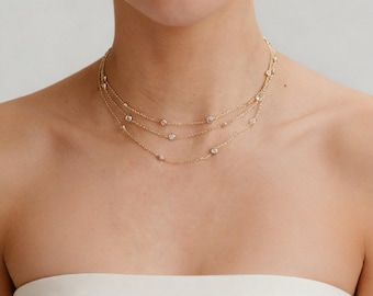 Gold-Plated Layered Zircon Necklace ， Exquisite Triple-Strand Beaded Necklace — Simple, Versatile Everyday Jewelry for Women