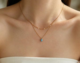 Collar delicado de capas de ópalo, gargantilla con colgante de gota de agua dorada, collar minimalista de doble hebra, collar pequeño, regalo perfecto para ella.