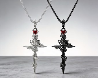 Dark Gothic Rose Cross Dagger Necklace, Bloody Red Heart Zircon Pendant, Edgy Punk Couple Jewelry Gift for Her/Him