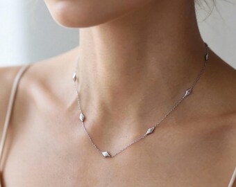 Delicate Silver Rhombus Necklace, Minimalist Waterproof Necklace, Dainty Layered Necklace, Everyday Wear Gift for Her