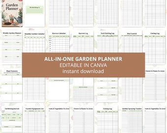 Op de afbeelding: Een tuinplanner met een bloemmotief op de omslag, met secties voor wekelijkse en maandelijkse planning, oogstlogboeken en meer. De planner bevat de tekst "ALL-IN-ONE GARDEN PLANNER EDITABLE IN CANVA instant download."