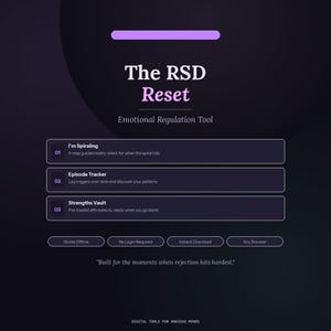 May include: A digital graphic with the text "The RSD Reset" and "Emotional Regulation Tool." Features include "I'm Spiraling," "Episode Tracker," and "Strengths Vault." Additional text states "Works Offline," "No Login Required," and "Instant Download."