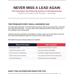 May include: A document titled NEVER MISS A LEAD AGAIN, The Automated Lead Follow-Up System for Small Businesses. It outlines the problem of slow lead responses and presents a comparison table between manual replies and an automated system.
