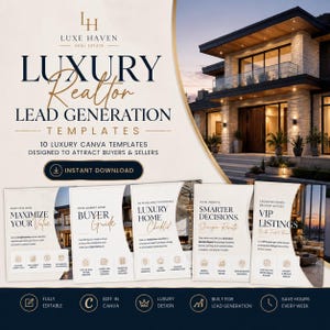 Könnte beinhalten: Ein digitales Marketing-Vorlagenset für Immobilien mit dem Luxe Haven Real Estate Logo, Text zur Lead-Generierung und fünf Beispielkarten mit den Titeln Maximize Your Value, Buyer Guide, Luxury Home Checklist, Smarter Decisions und VIP Listings.