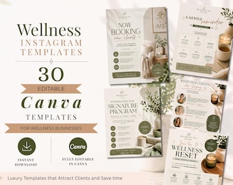 Wellness Instagram-sjablonen Canva, 30 wellness-posts en -verhalen op sociale media, bewerkbare canva-sjablonen voor coaches, yoga, fitness, zelfzorg