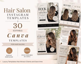 Kapsalon Instagram Canva, 30 bewerkbare Instagram-postsjablonen voor haarstylisten, kapsalons, blondinesspecialisten, extensionartiesten