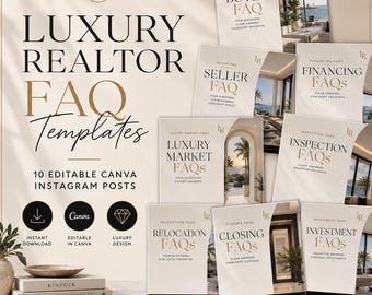 Sjablonen met veelgestelde vragen op Instagram voor luxe makelaars | Socialmediaposts voor Canva Vastgoed | Koper Verkoper Financiering Marketingkit makelaar