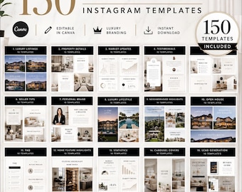 Bundel 150 luxe Instagram-canvasjablonen voor makelaars | Socialmediapakket onroerend goed | Bewerkbare marketingberichten | Luxe agentbranding