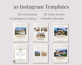 Instagram-sjablonen voor makelaars, 60 Canva-sjablonen voor onroerend goed, bewerkbare Instagram-berichten en -verhalen, social media marketingkit makelaar