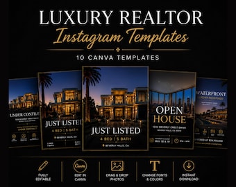 Instagram-sjablonen voor luxe makelaars Canva, sjablonen voor sociale media voor onroerend goed, zojuist vermeld, net verkocht, opendeurdag, 10 luxe Instagram-berichten