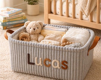 Cestino personalizzato con il nome del bambino, contenitore porta giocattoli personalizzato, cestino decorativo per la cameretta, idea regalo per baby shower, organizer minimalista per neonati.