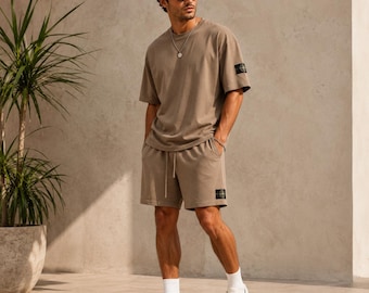Stone Island Inspired Cotton Shorts Set | Premium Summer Streetwear Outfit | Casual Matching Tee & Shorts Set for Men