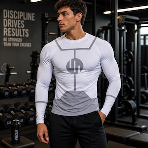 Könnte beinhalten: Weißes Langarm-Sportshirt mit grauem geometrischen Design auf Brust und Ärmeln. Das Shirt hat einen grauen Farbverlauf am unteren Saum. Im Hintergrund ist der Text "DISCIPLINE DRIVES RESULTS" zu sehen.