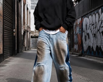 Jeans larghi in denim oversize, pantaloni a gamba larga effetto consumato stile Y2K, lavaggio chiaro streetwear