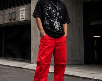 Men's Red Baggy Denim Jeans – Relaxed Fit Streetwear Pants, Wide Leg Casual Y2K Hip Hop Skate Jeans,