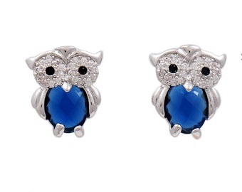 Owl Sea Blue Crystal Stud Earrings