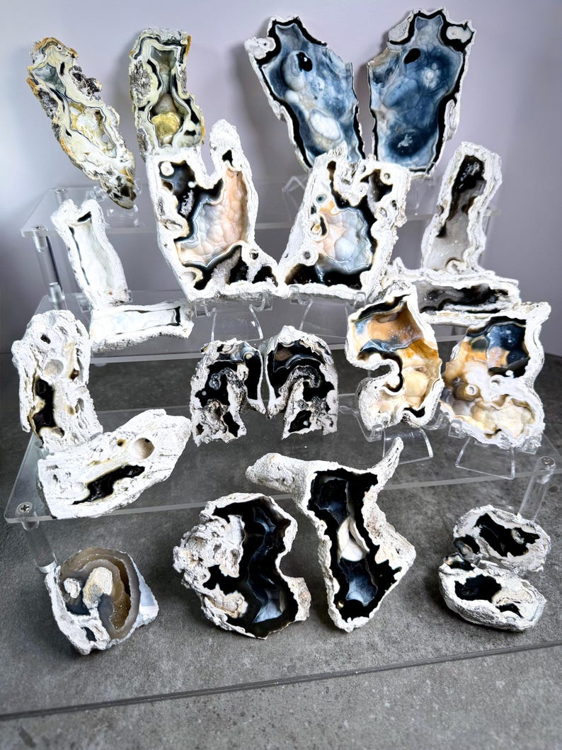May include: A collection of polished agate slices in various shapes and sizes. The slices display a range of colors, including black, white, blue, and gold, with intricate patterns. They are displayed on clear acrylic stands.