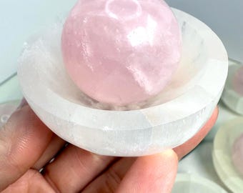 Fidgetspinnerset rozenkwarts, kom en bol miniseleniet, stressverlichting
