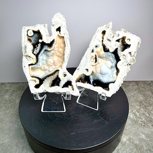 May include: Two agate stone slices, set on clear stands, displayed on a black rotating platform. The stones feature a mix of white, black, and tan colors with intricate patterns. The text "Set 2" is visible on the platform.