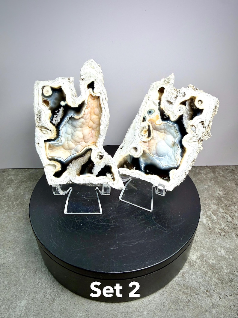 May include: Two agate stone slices, set on clear stands, displayed on a black rotating platform. The stones feature a mix of white, black, and tan colors with intricate patterns. The text "Set 2" is visible on the platform.