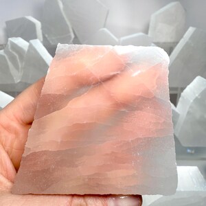 Pu&ograve; includere: Una mano che tiene un cristallo di selenite rettangolare traslucido con strati di tonalit&agrave; rosa e bianche. Altri pezzi di selenite sono visibili sullo sfondo, suggerendo una collezione di cristalli naturali.