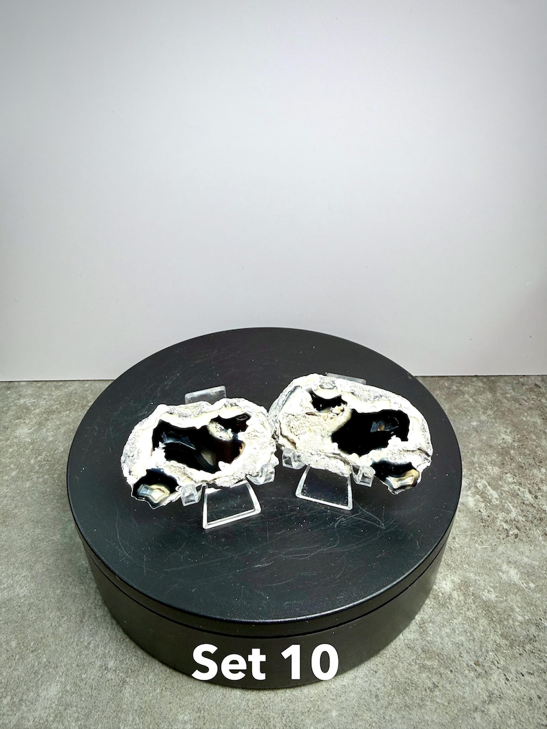 May include: Two geode slices with black and white patterns, displayed on clear stands. The geodes are set on a black, circular platform. The text "Set 10" is visible at the bottom of the image.