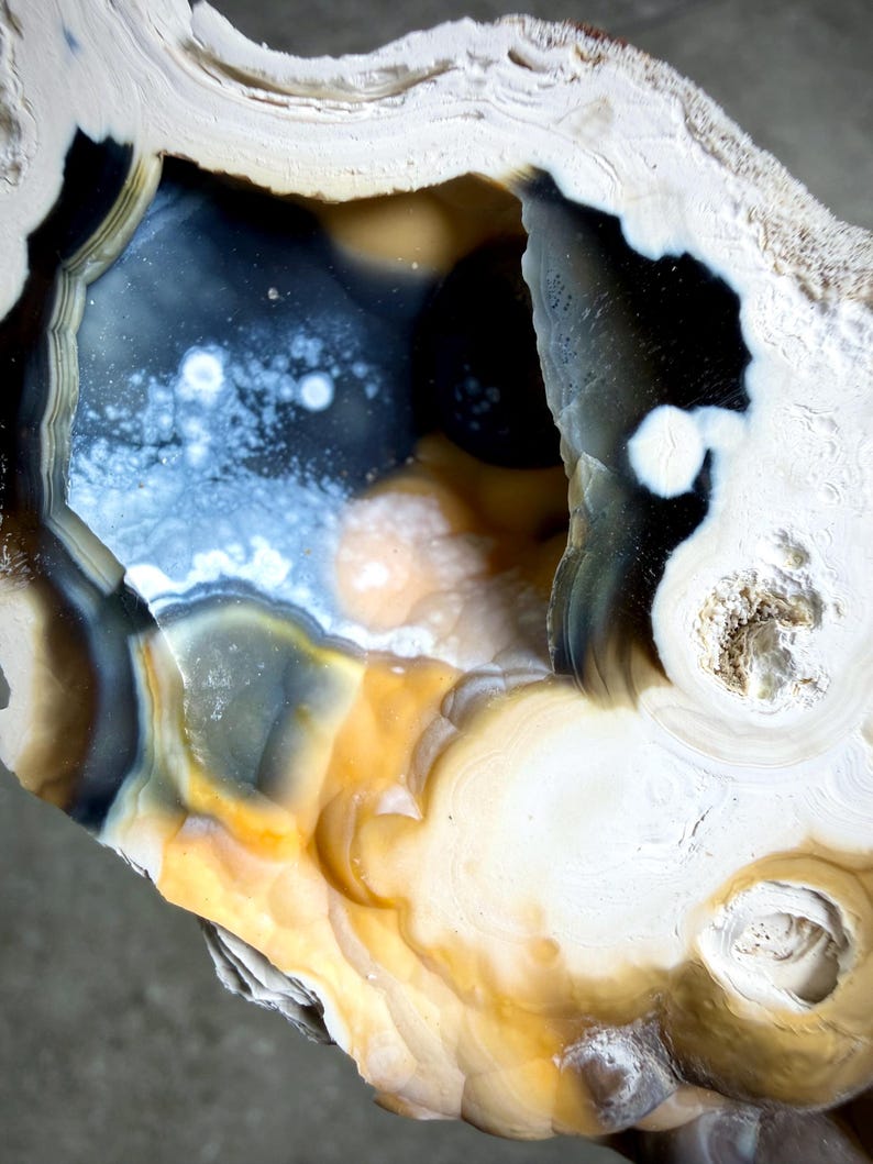 May include: A close-up of a geode with a hollow center. The geode features layers of white, brown, yellow, and blue colors. The interior has a dark blue and black hue with white speckles. The outer edges are a creamy white color.