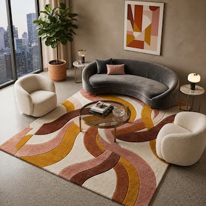 70s Retro Wavy Wool Rug, Abstract Swirl Pattern, Terracotta Mustard Cream Wool, Carved Tufted Texture, Living Room Area Rug
