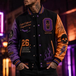 Halloween Varsity-jacka, svart ull- och läderjacka, broderad gotisk streetwear-kappa för män