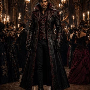 May include: A long black leather coat featuring intricate red embroidery along the lapels, cuffs, and hem. The coat is worn over a dark patterned vest with silver buckles, a black shirt, black trousers, and black leather boots in a formal setting.