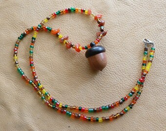 Hippie Confetti Acorn Locket/Keepsake Beaded Necklace