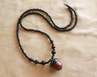 Pitch Black Acorn Locket/Keepsake Beaded Necklace