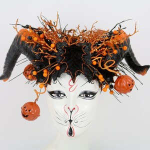 SALE Halloween Town Jester Black and Orange Vegan Horned Headdress