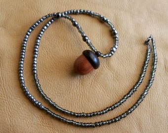 Smoky Gray Acorn Locket/Keepsake Beaded Necklace