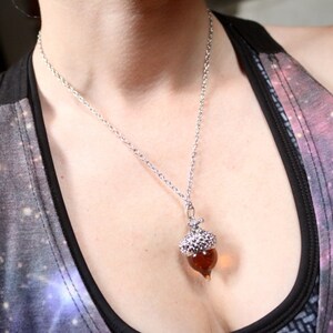 May include: A silver chain necklace with an acorn pendant. The acorn is made of glass and has a brown color.