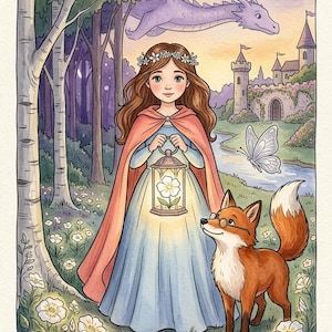 May include: A watercolour illustration featuring a princess holding a lantern, a fox, and a dragon. The image is titled "Princess Sofia". The background includes a castle and a forest setting.