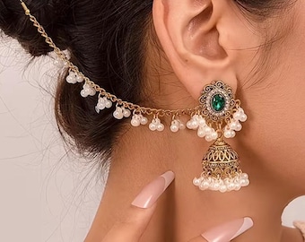Indian Jhumka Earrings with Pearl Tassels, Green Stone Hair Jewelry