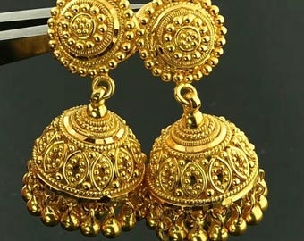 Indian Jhumka Earrings: Gold-Tone Dangle Drop with Bell Tassels – Traditional Women's Jewelry
