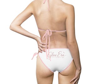 Weißer Dreieck-Bikini-Badeanzug, Pink Trim | Damen Bademode AOP