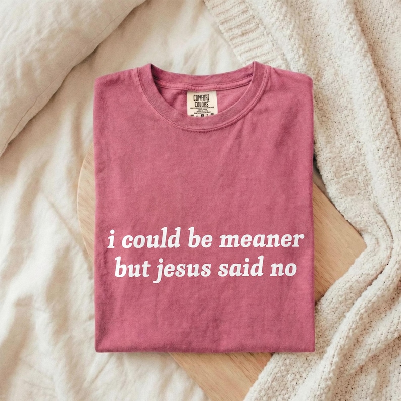 May include: A dusty rose Comfort Colors t-shirt with the text "i could be meaner but jesus said no" in white. The shirt is folded neatly on a wooden surface, with a tag visible at the neckline.