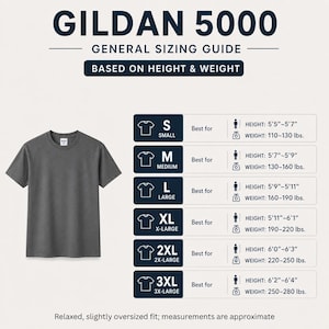 May include: A gray Gildan 5000 t-shirt next to a sizing guide. The guide, based on height and weight, lists sizes from Small to 3XL. Measurements are approximate, with heights ranging from 5'5" to 6'4" and weights from 110 to 280 lbs.
