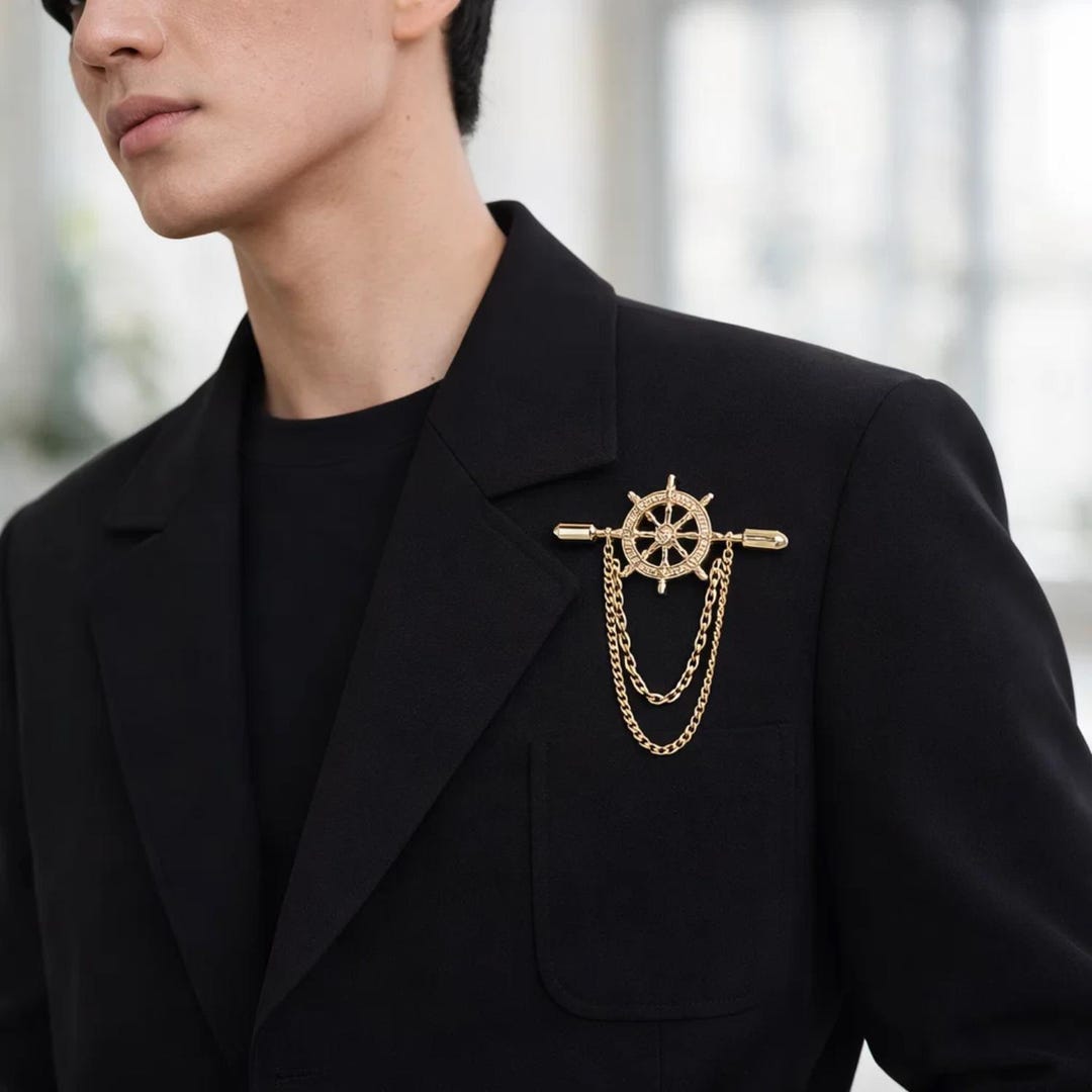 Retro Gold Rudder Navy Style Ship Wheel Brooch With Chain Gold Rudder Lapel Pin Vintage ...