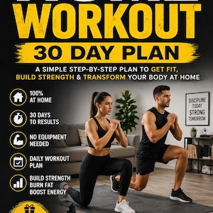 Può includere: Una pubblicità di fitness con il testo "HOME WORKOUT 30 DAY PLAN". L'immagine mostra un uomo e una donna che fanno affondi. Il piano promette di rimettersi in forma, costruire forza e trasformare il corpo a casa. Include una guida ai pasti bonus.