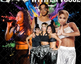 May include: A graphic print featuring the text TLC SALT-N-PEPA WITH EN VOGUE and IT'S ICONIC TOUR. The design displays multiple performers in black and white outfits, including crop tops and metallic pants, set against a vibrant, multicolored paint splash background.
