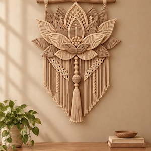 Puede incluir: Un tapiz de macramé con un diseño de flor de loto grande hecho de cuerda beige. La pieza cuelga de una rama de madera horizontal e incluye una hebra central vertical de cuentas de madera que termina en una borla larga y gruesa.